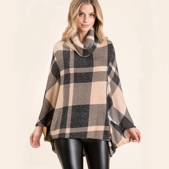 NWT Plaid Cowl Neck Poncho w/Kangaroo Pocket - Picture 2 of 6